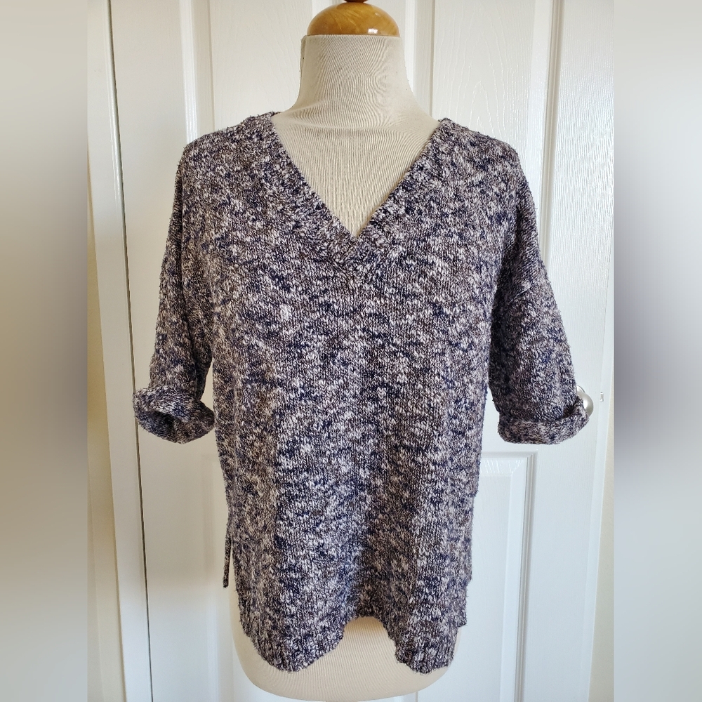 Lafayette 148 New York Grey Blue Cozy Knit V-Neck Sweater Womens M Large